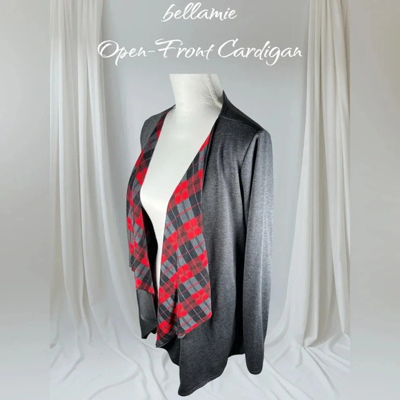 bellamie | Gray, Black & Red Plaid Open-Front Cardigan - Picture 2 of 5